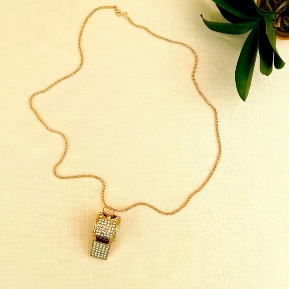 Jewelry - Gold Whistle and Rhinestone Inlaid Pendant Long Chain Necklace, NIP